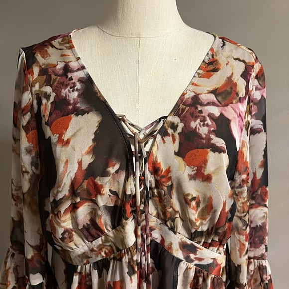 Boston proper women’s babydoll floral tunic blouse lace up V neck empire waist L - Picture 5 of 15